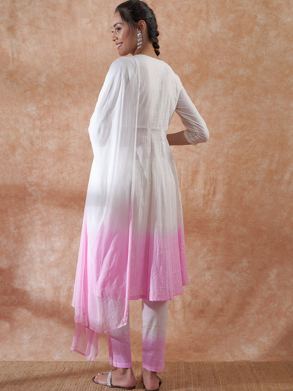 InWeave Women's White Lurex Pink Dye Patch Gota Anarkali Kurta Set W Dupatta