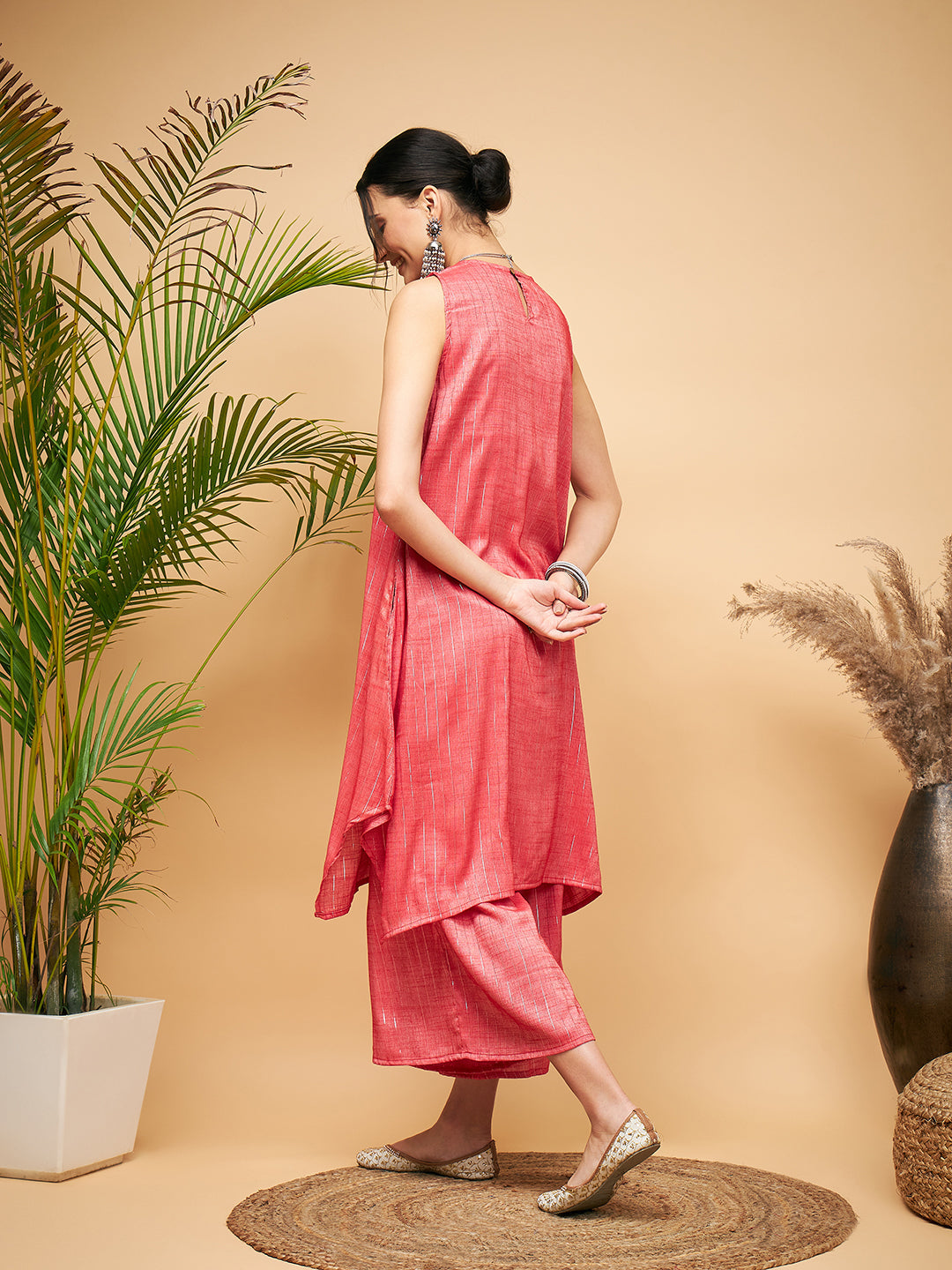 InWeave Women's Red Lurex Short Pallazo Kurta Set