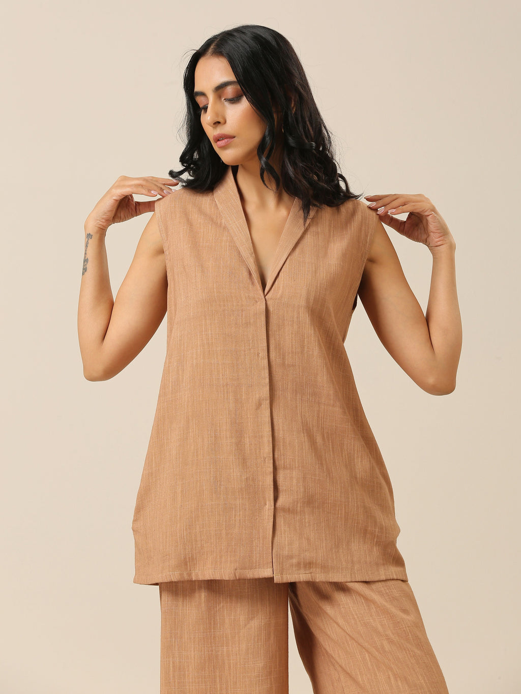 trueBrowns Beige Slub Texture Sleevesless Jacket Pant Set