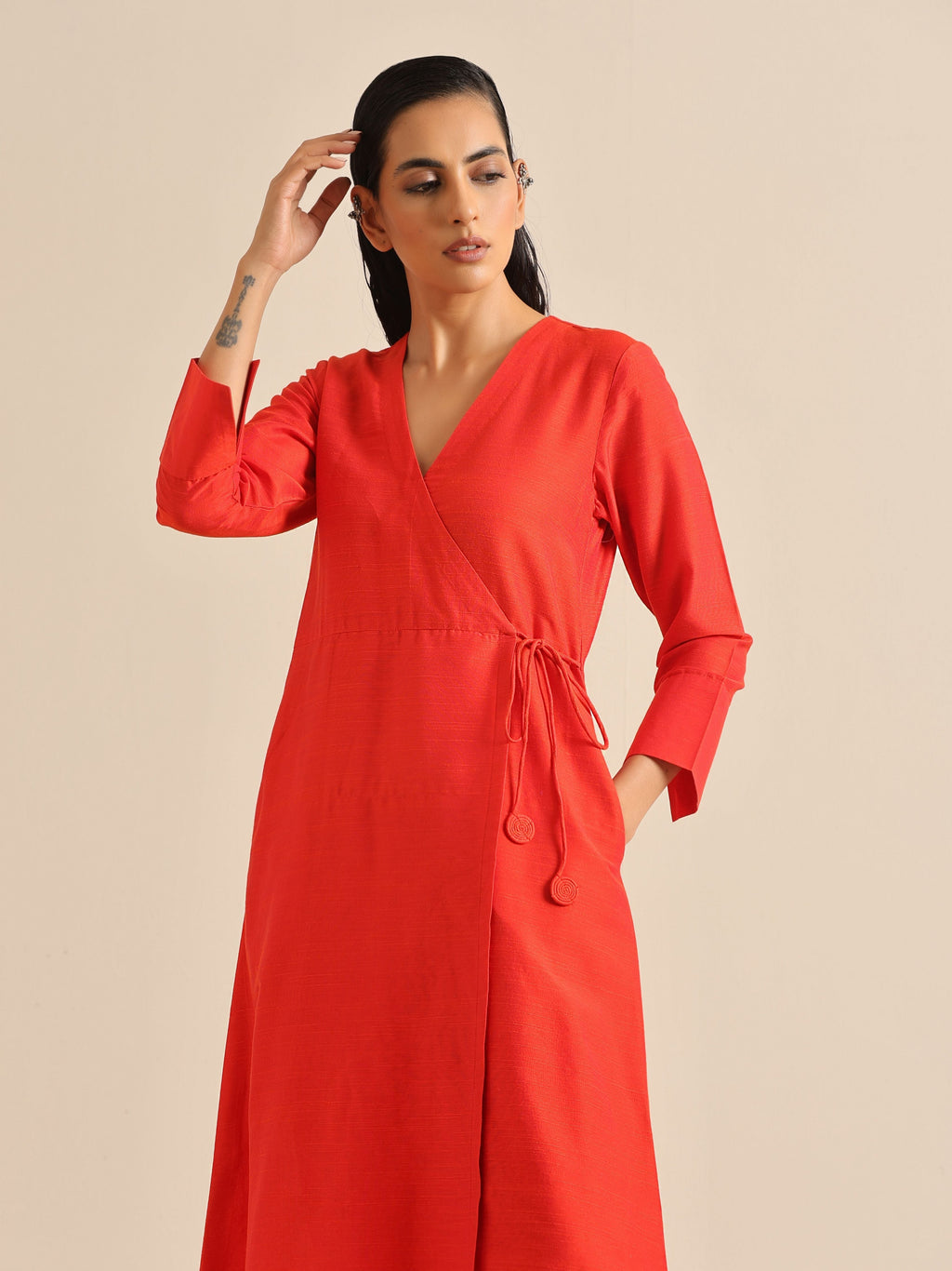 trueBrowns Orange Dupion Blend Angrakha Kurta Pant Set