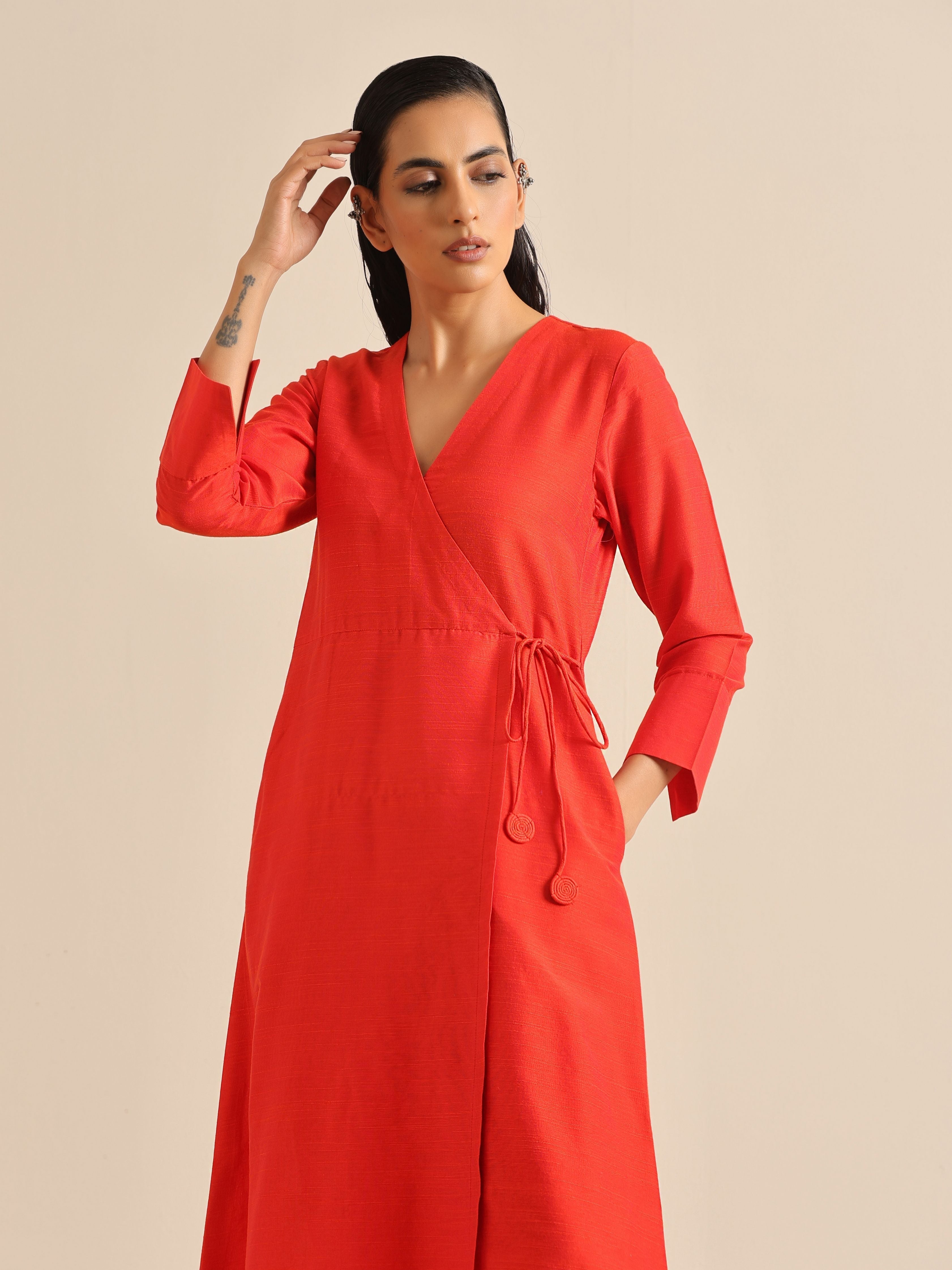 trueBrowns Orange Dupion Blend Angrakha Kurta Pant Set