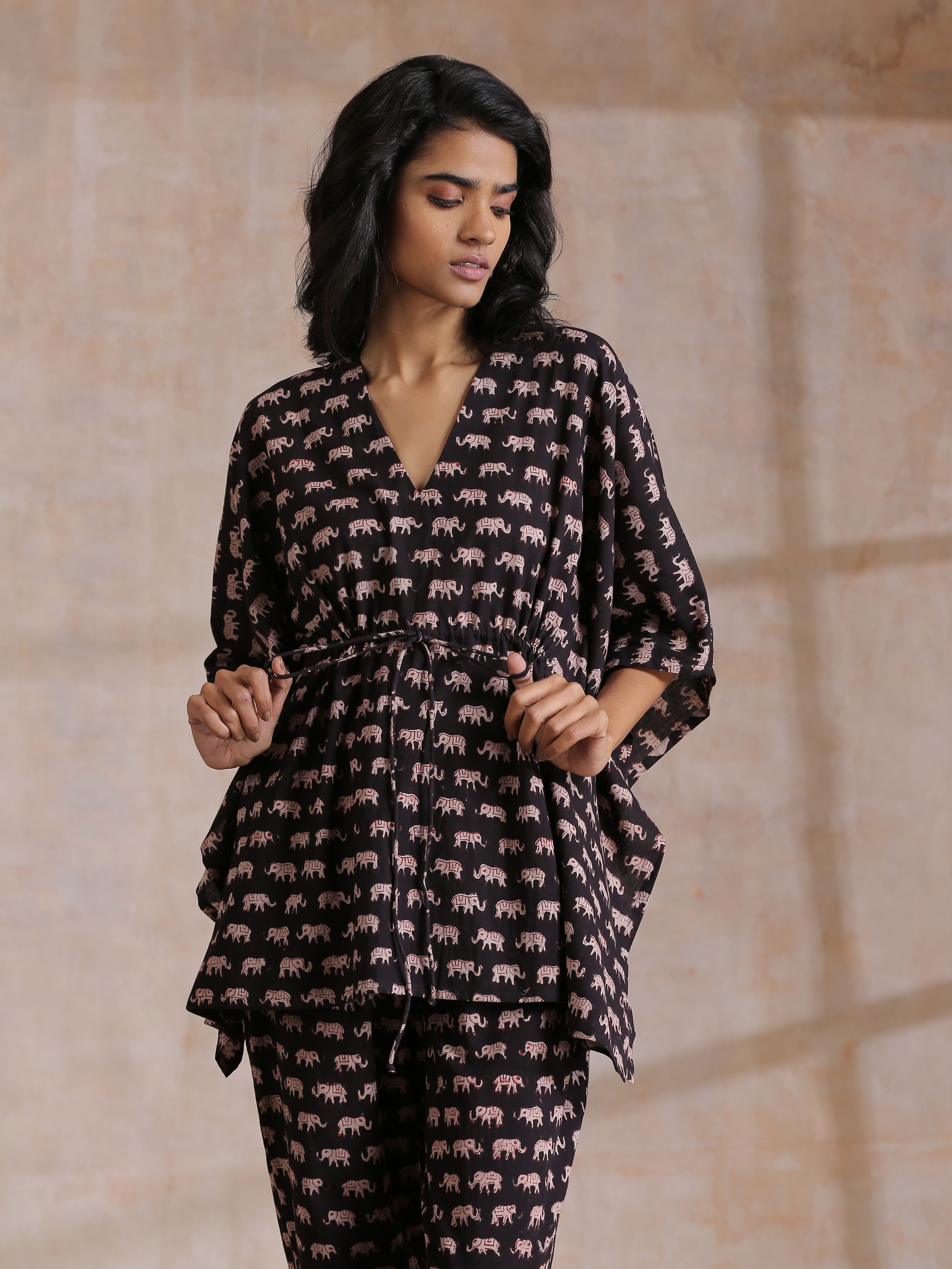 trueBrowns Black Elephant Bagru Print Cotton Kaftan Co-Ord Set