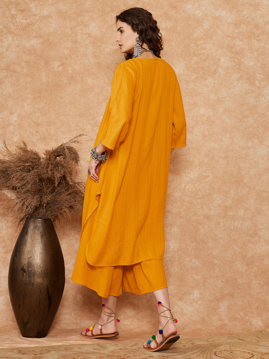 InWeave Women's Mustard Lurex Flared V Neck Kurta Palazzo Set