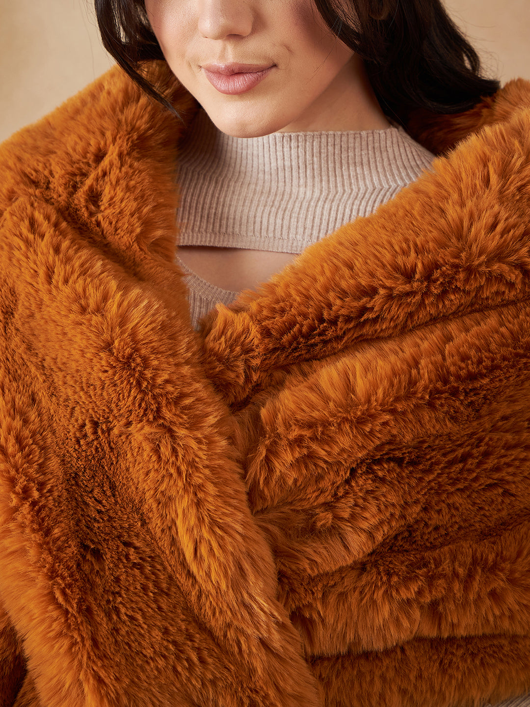 InWeave Women's Carrot Orange Long Faux Fur Cape