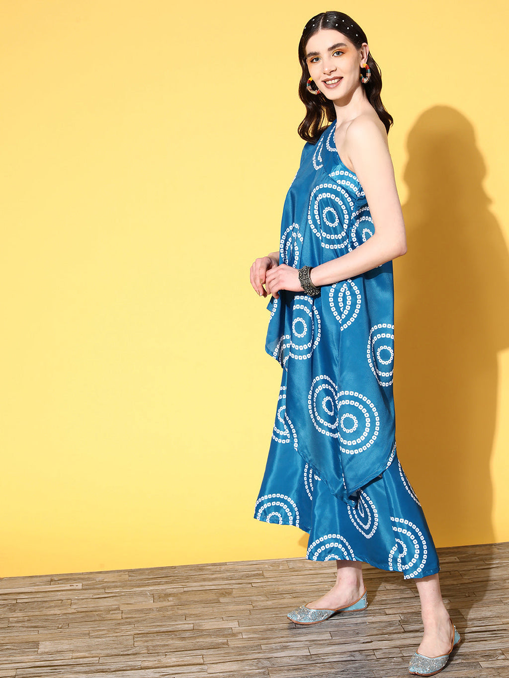InWeave Women's Blue Bandhani Motif One Shoulder Palazzo Set