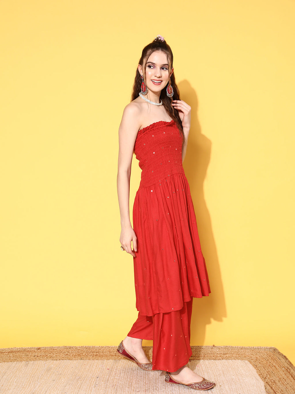 InWeave Women's Red Mirror Work Off Shoulder Kurta Set With Lehriya Dupatta