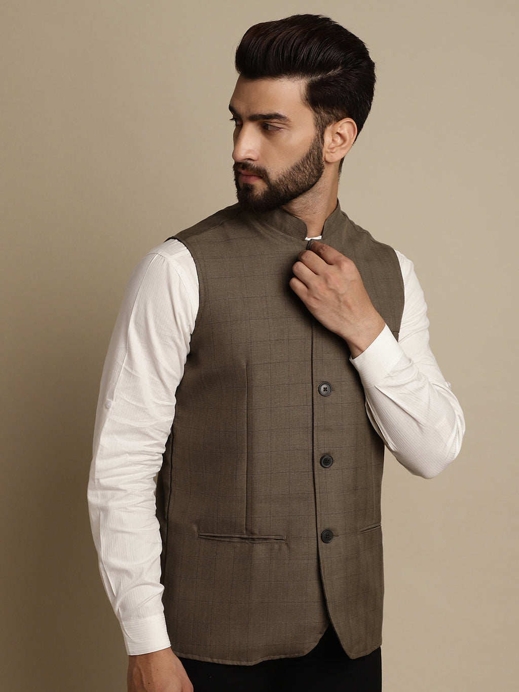 Even Apparels Men's Brown Mandarin Collar Waistcoat