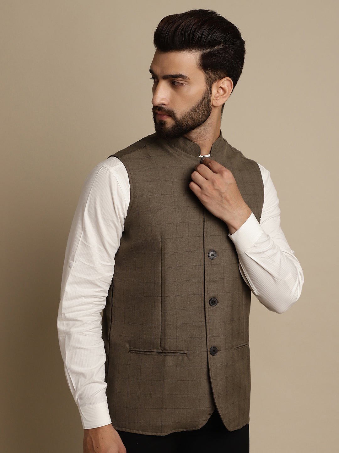 Even Apparels Men's Brown Mandarin Collar Waistcoat
