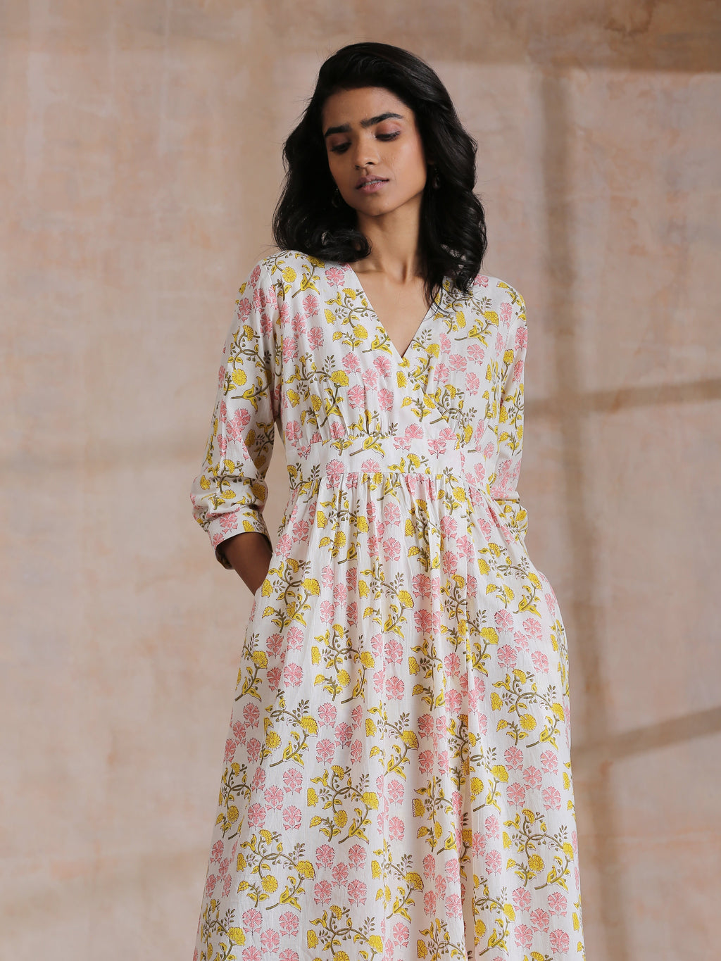 trueBrowns Pink Yellow Floral On White Block Print Cotton Wrap Dress | Relove