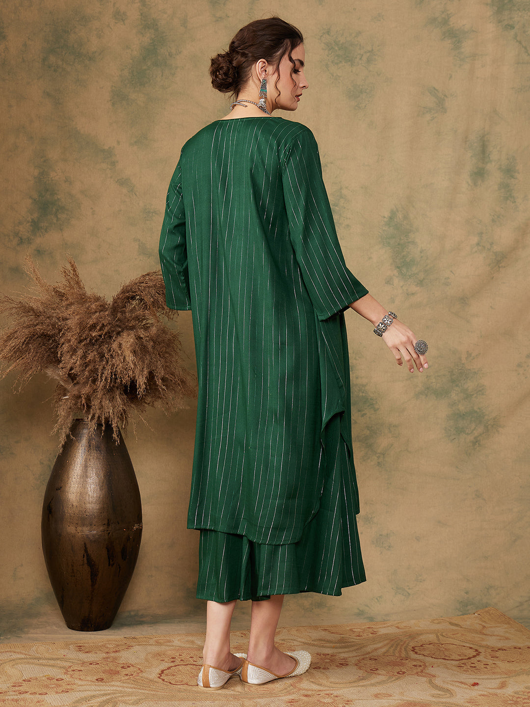 InWeave Women's Pine Green Lurex Flared V Neck Kurta Palazzo Set
