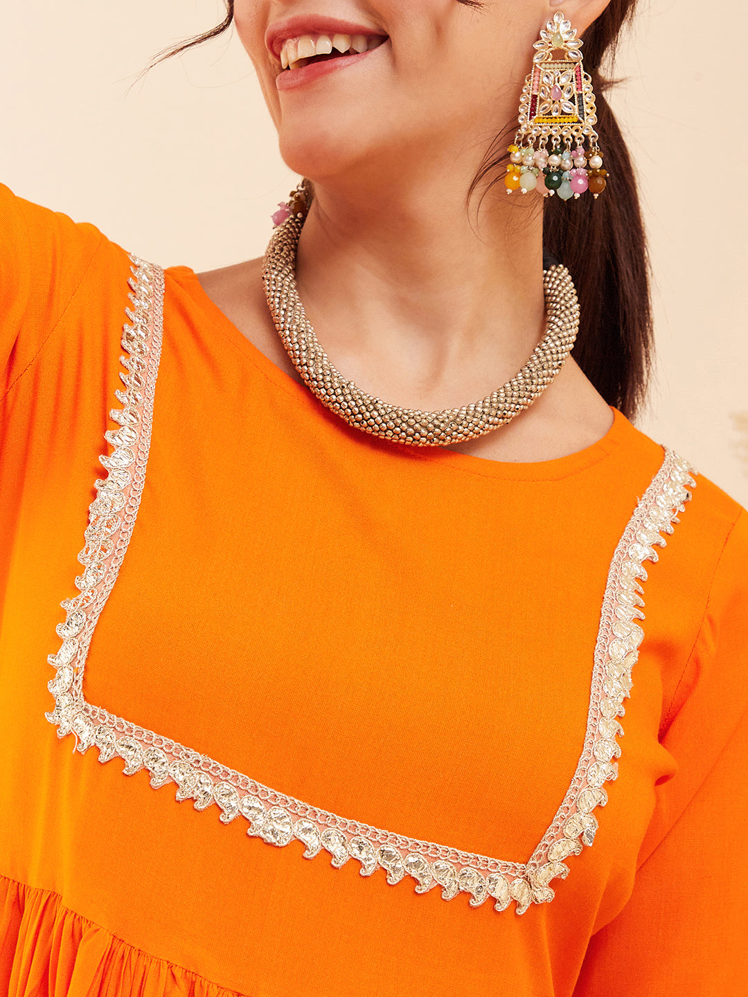 InWeave Women's Orange Round Neck Square Gota Work Kurta Pant Set
