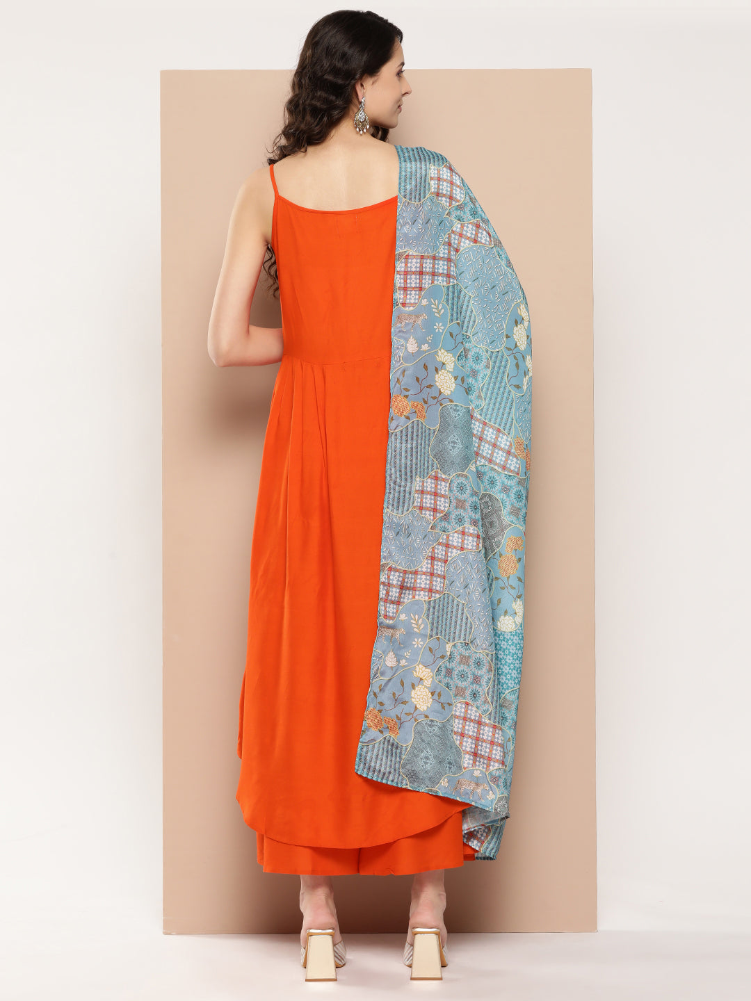 InWeave Women's Orange Strappy Set With Blue Chinnon Print Silk Dupatta