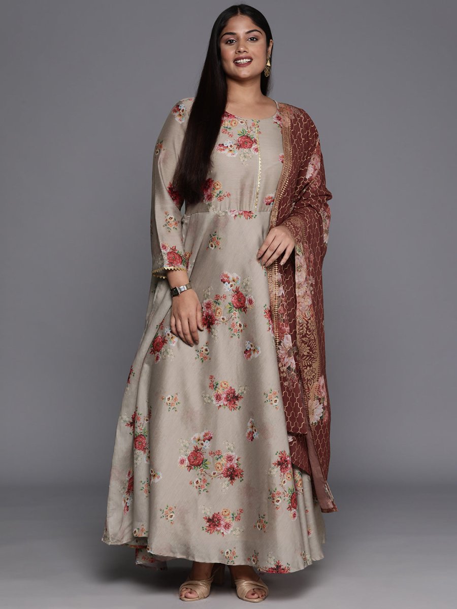 Ahalyaa Plus Size Round Neck Maxi Ethnic Dress With Dupatta