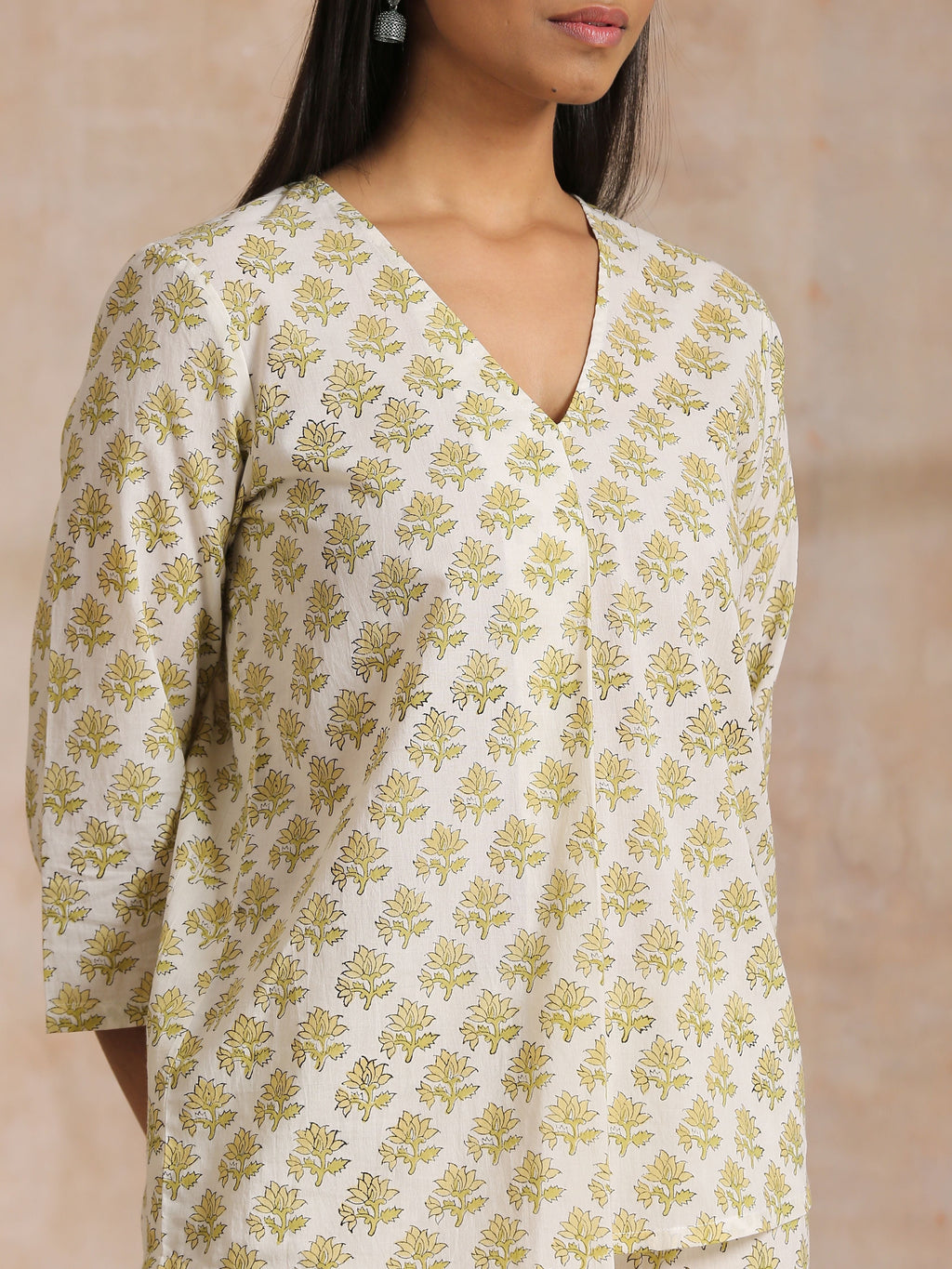 trueBrowns Green Buta On Off-White Block Print Cotton Co-Ord Set