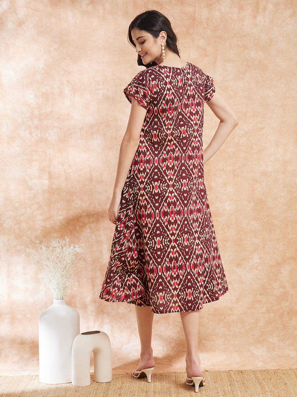 InWeave Women's Wine Ikkat Print A Line Dress