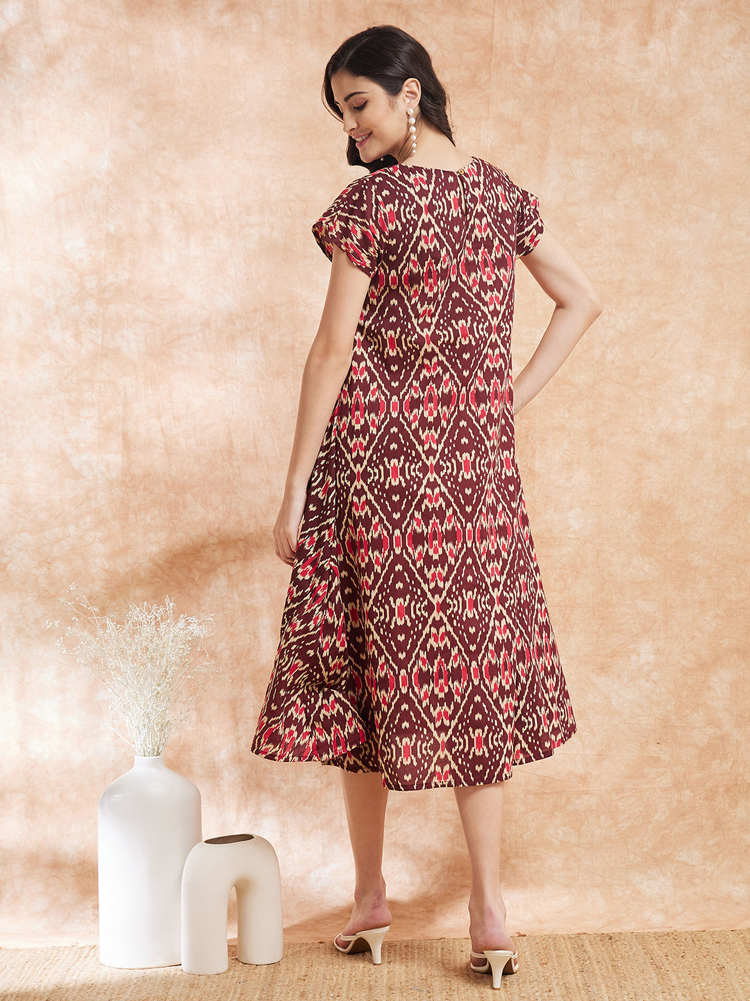 InWeave Women's Wine Ikkat Print A Line Dress