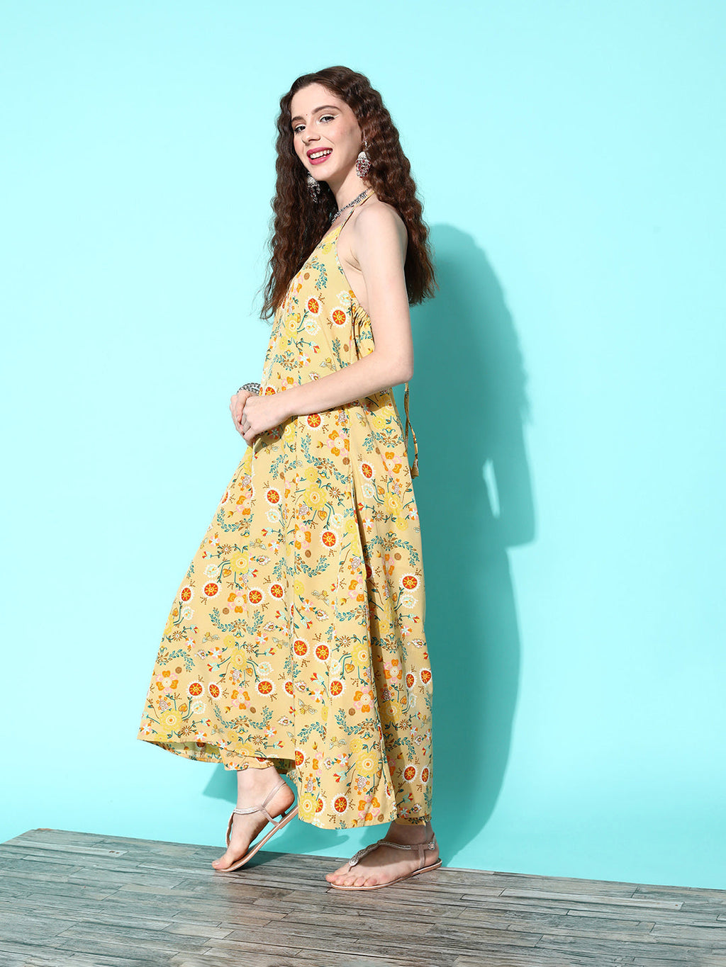 InWeave Women's Yellow Print Back Less Long Kurta Pant Set