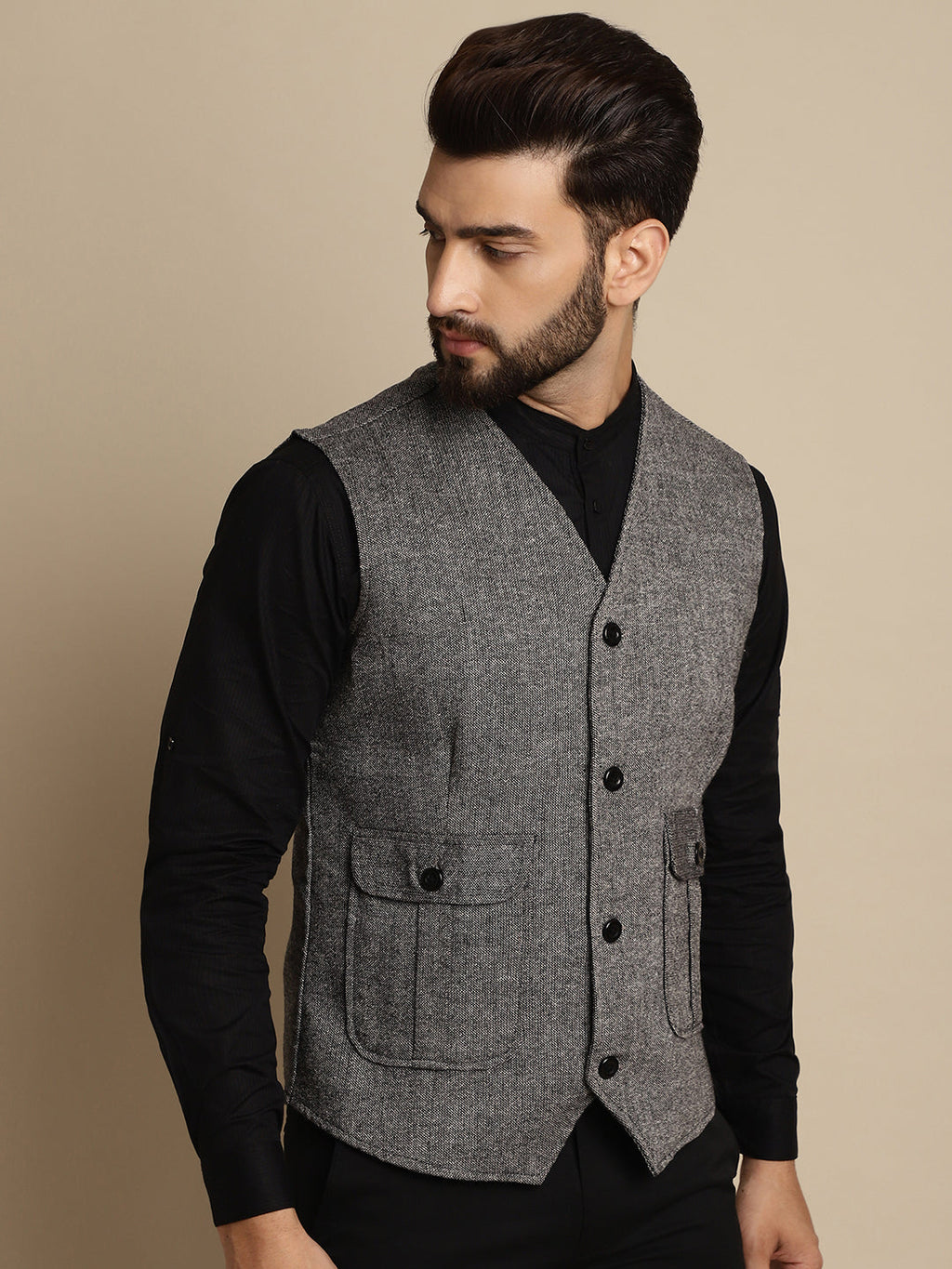 Even Apparels Men's Black Woolen Waistcoat With Patch Pocket
