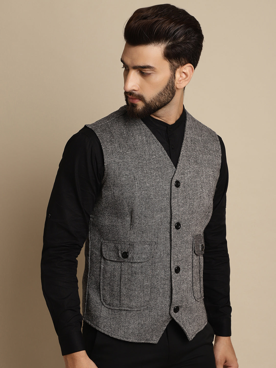 Even Apparels Men's Black Woolen Waistcoat With Patch Pocket