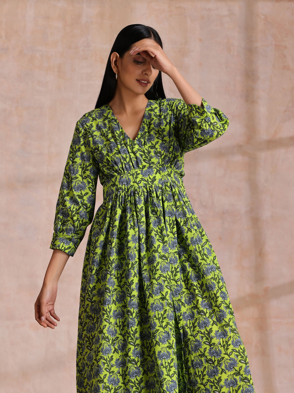 trueBrowns Lime Green Overall Blue Floral Block Print Cotton Wrap Dress