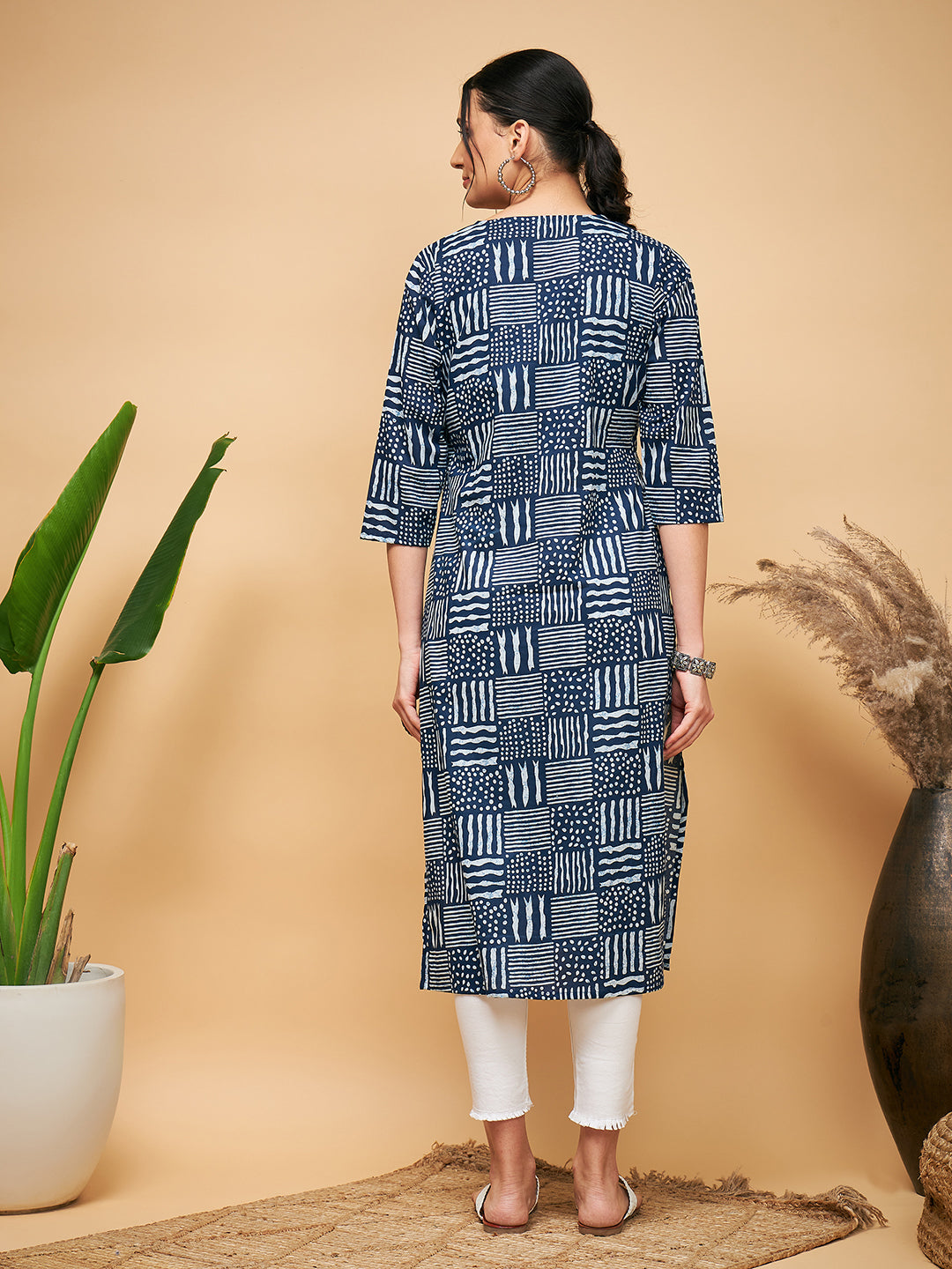 InWeave Women's Ankola Indigo With Tiles Hand Block Print Lace Straight Kurta