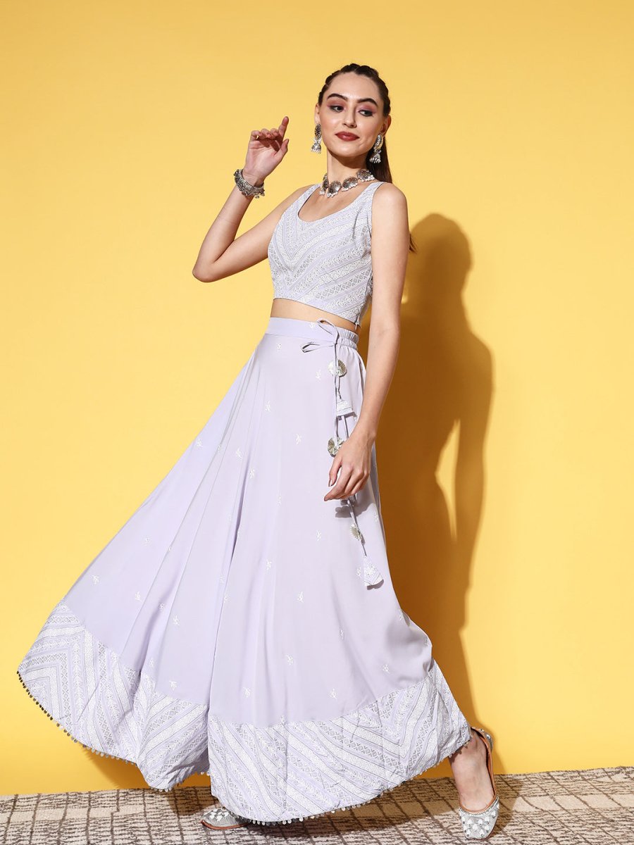 Ahalyaa Blue & White Printed Sequinned Ready to Wear Lehenga & Blouse With Dupatta