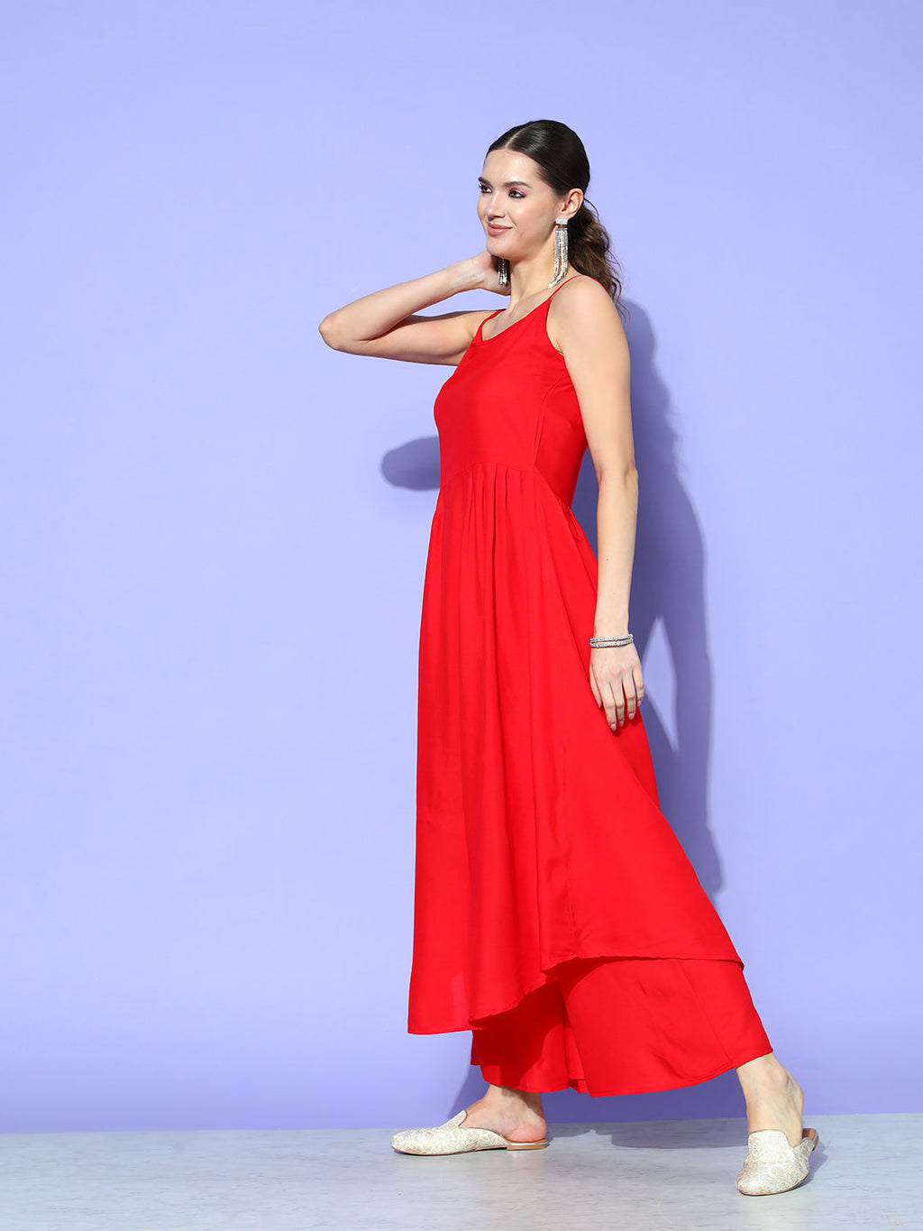 InWeave Women's Red Strappy Set With Green Floral Short Organza Cape