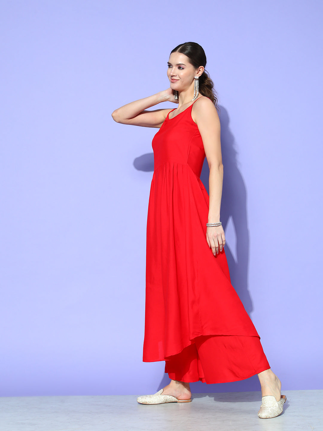InWeave Women's Red Strappy Set With Green Floral Short Organza Cape