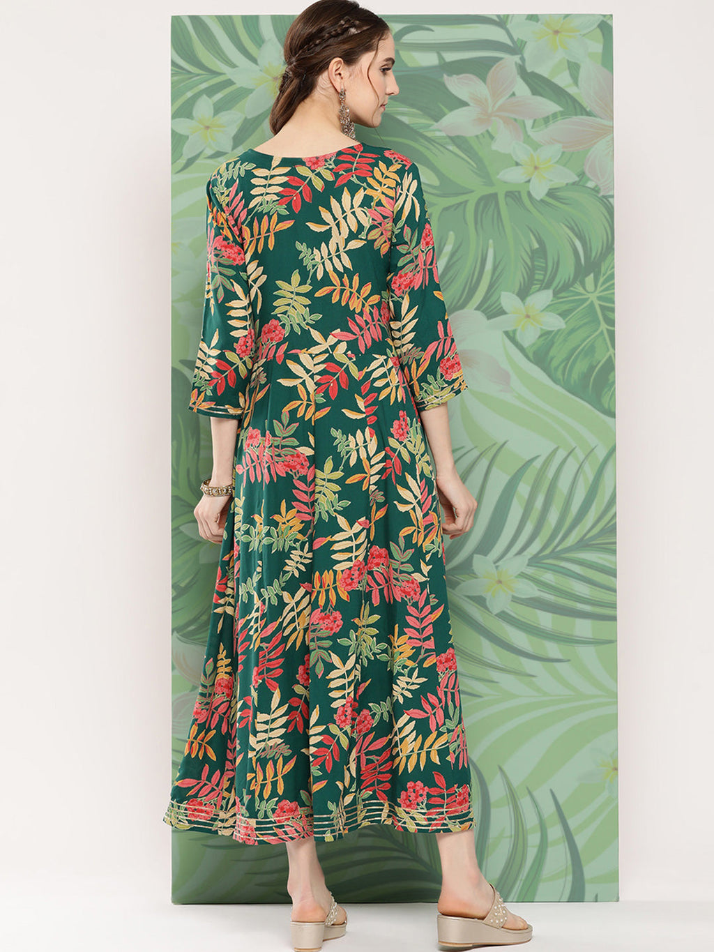 InWeave Women's Green Tropical Print Gota Long Dress