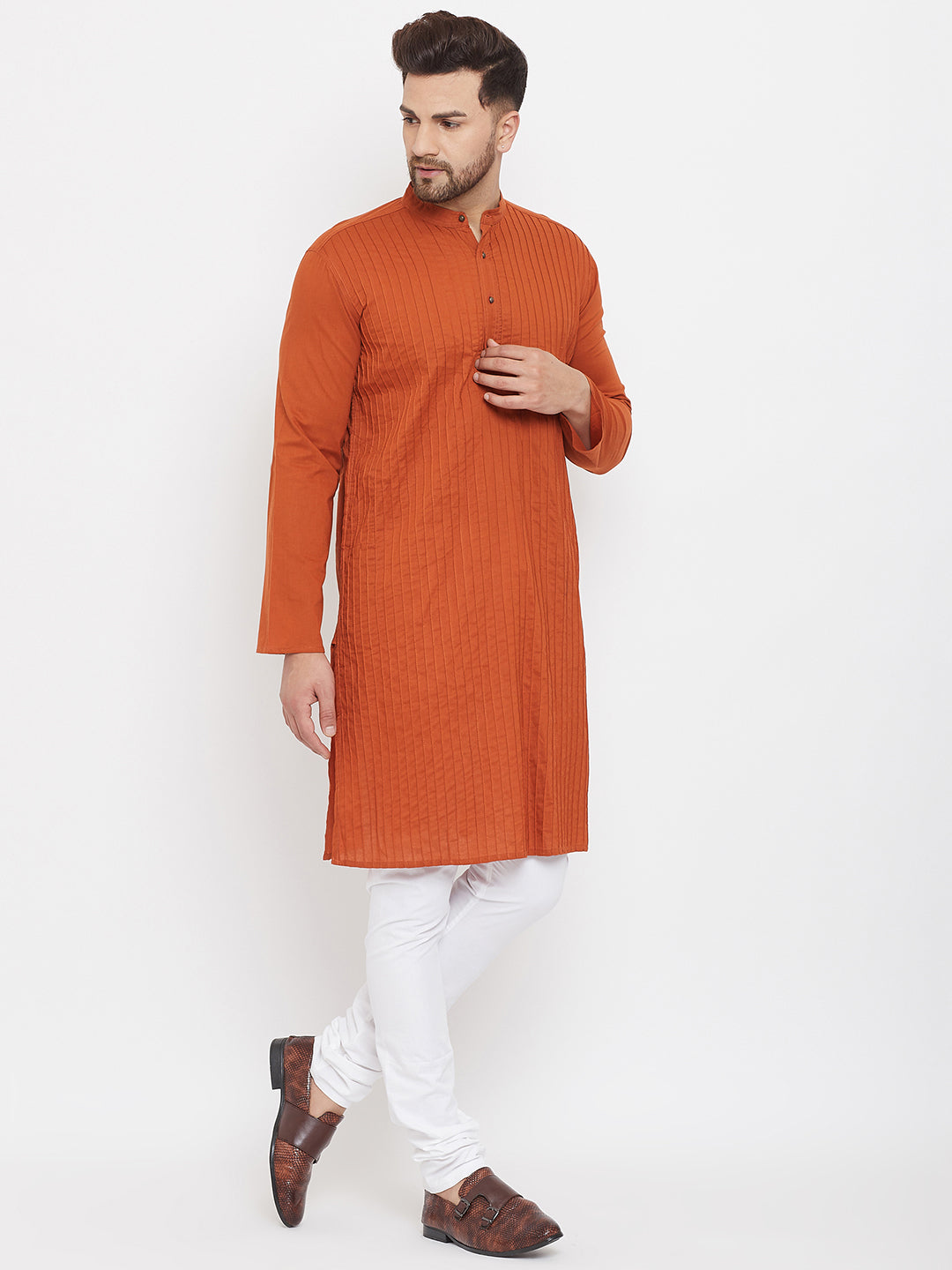 Even Apparels Rust Pure Cotton Kurta With Band Collar