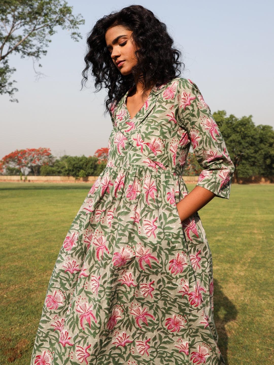 trueBrowns Sage Cotton Block Print Lapel Collared Dress