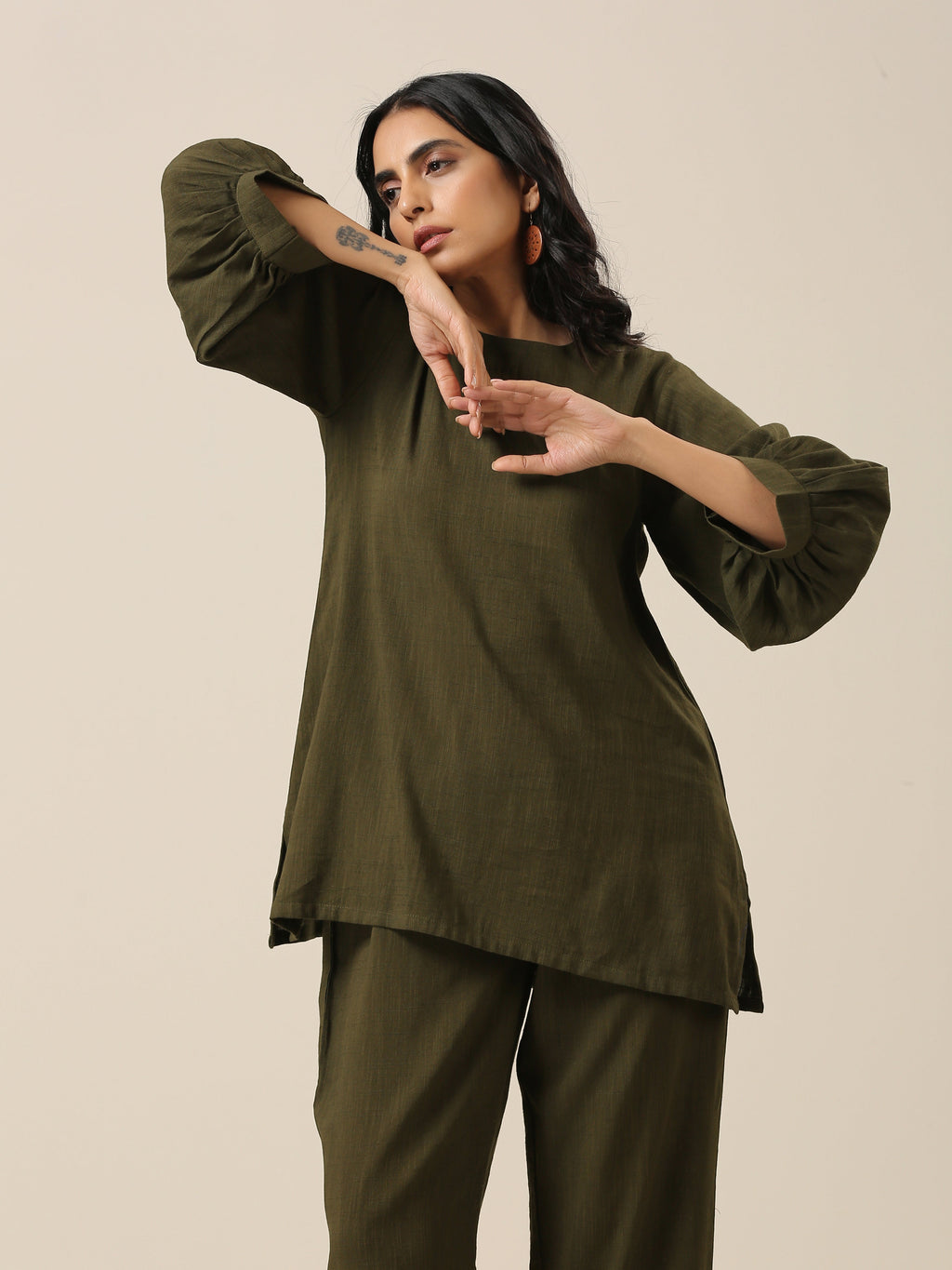 trueBrowns Olive Green Slub Texture Baggy Sleeve Co-Ord Set