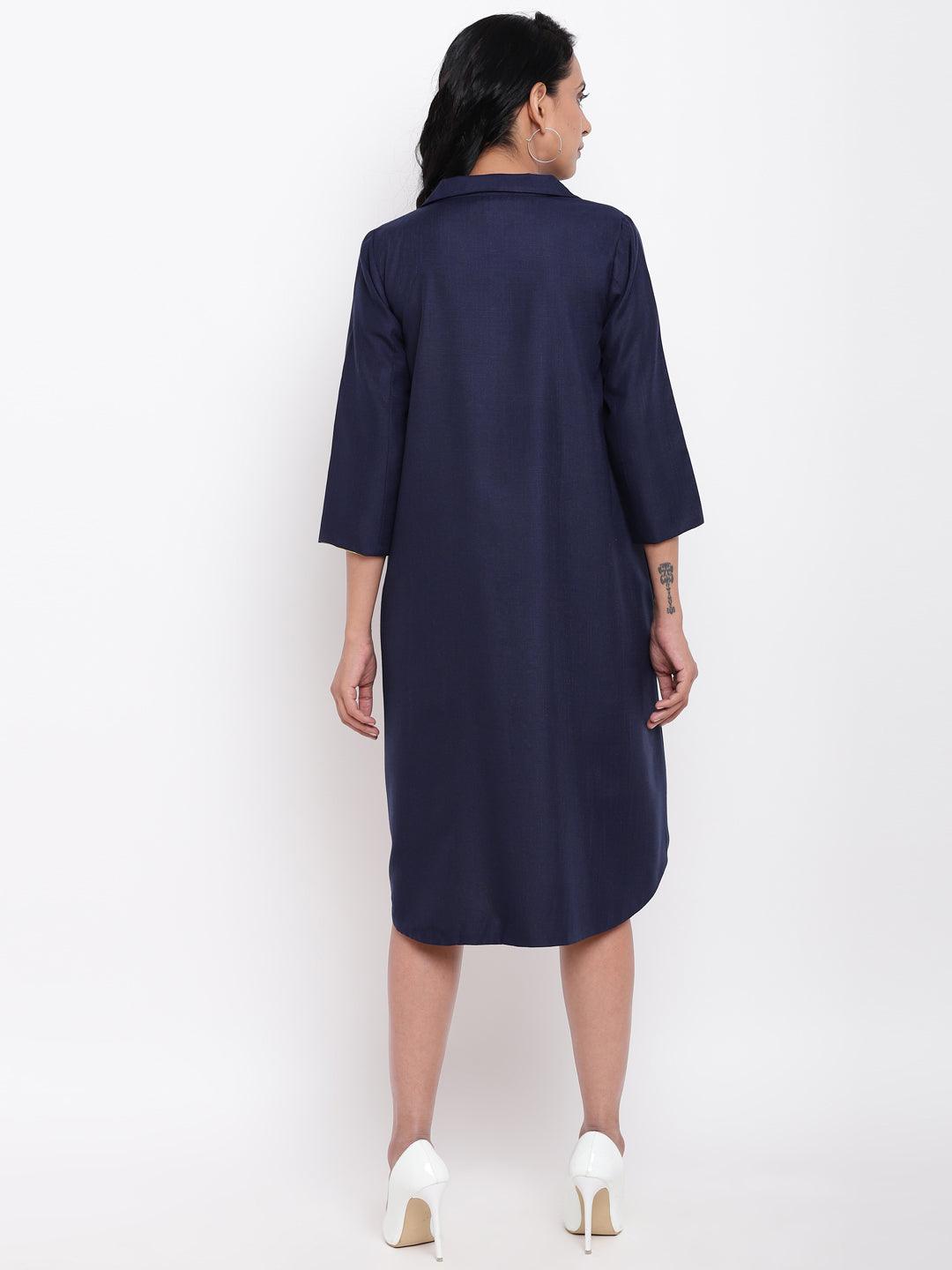 trueBrowns Linen Cotton Blue Collared Dress