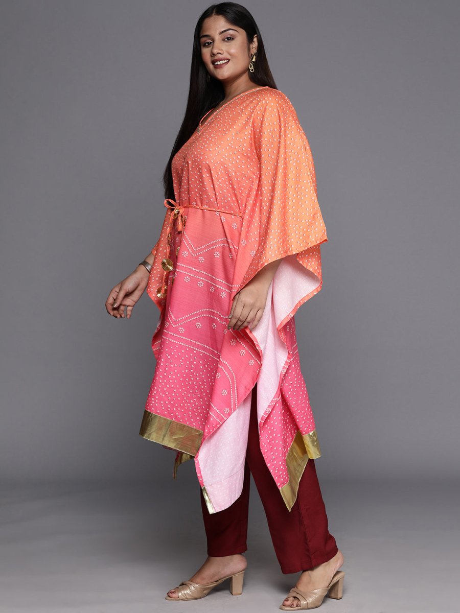 Ahalyaa Plus Size Bandhani Printed Flared Sleeves Gotta Patti Kaftan Kurta