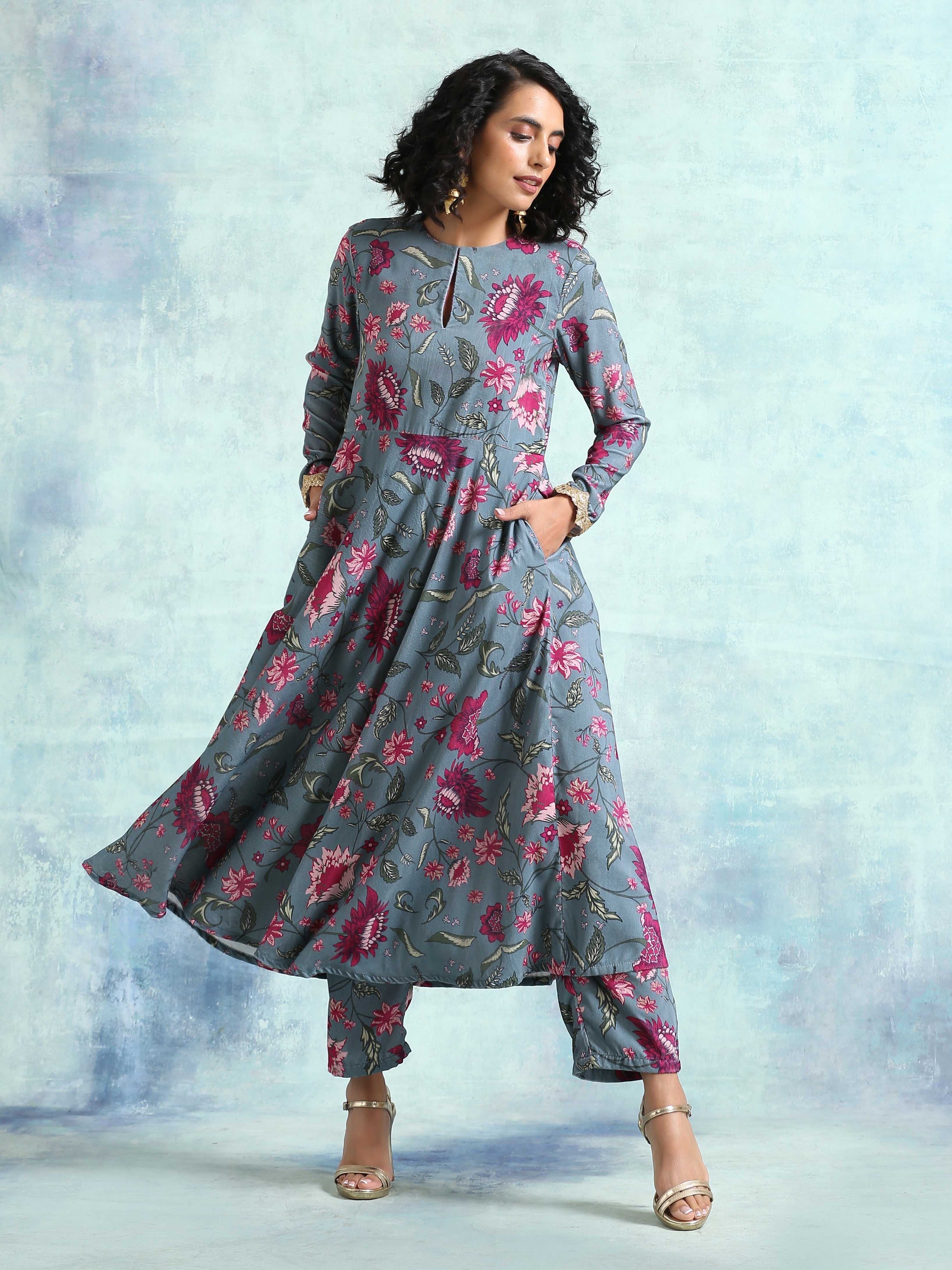trueBrowns Grey Printed Velvet Anarkali Kurta