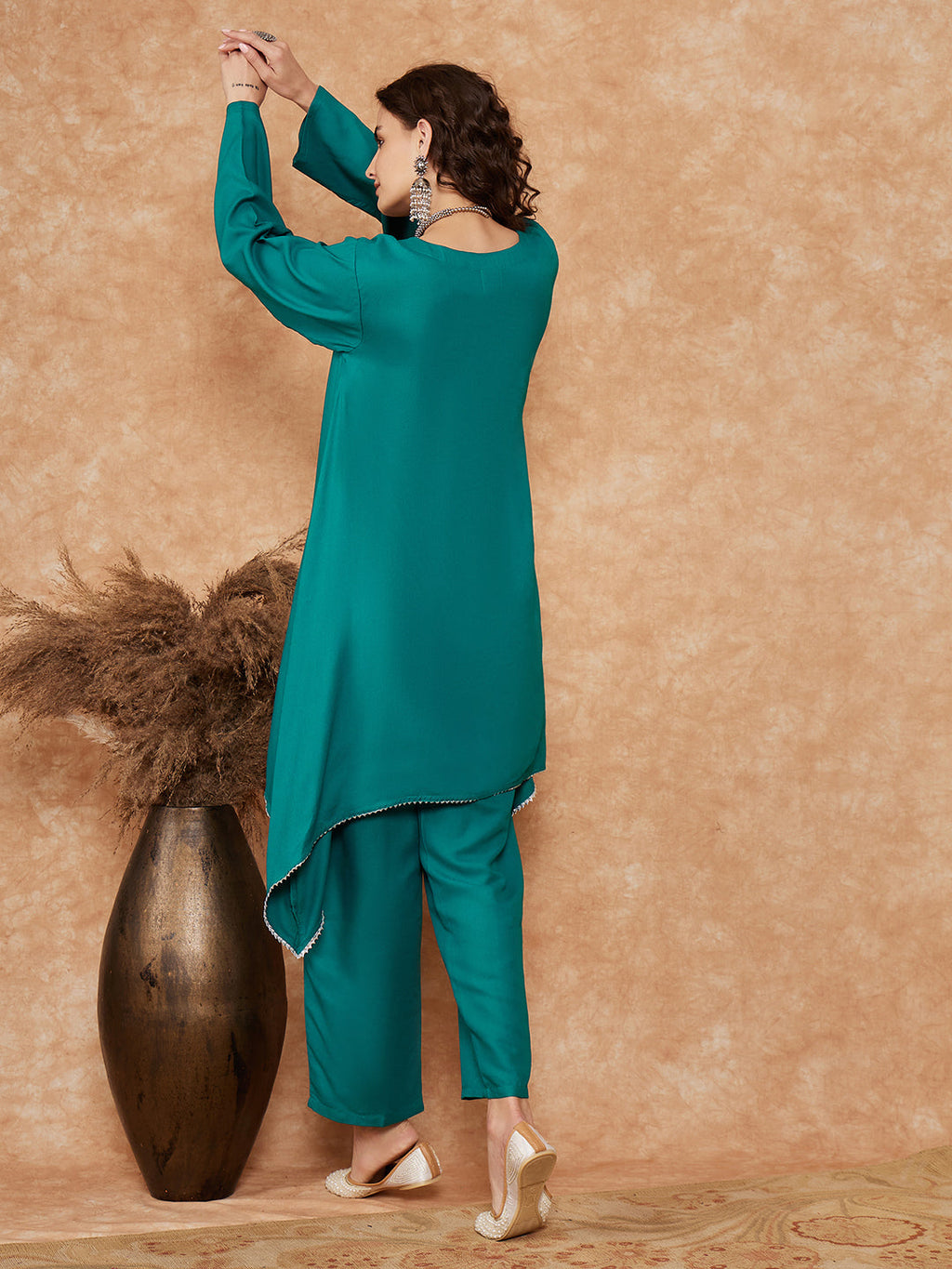 InWeave Women's Teal Trangle Yellow Patch Work Assymentrical Kurta Set