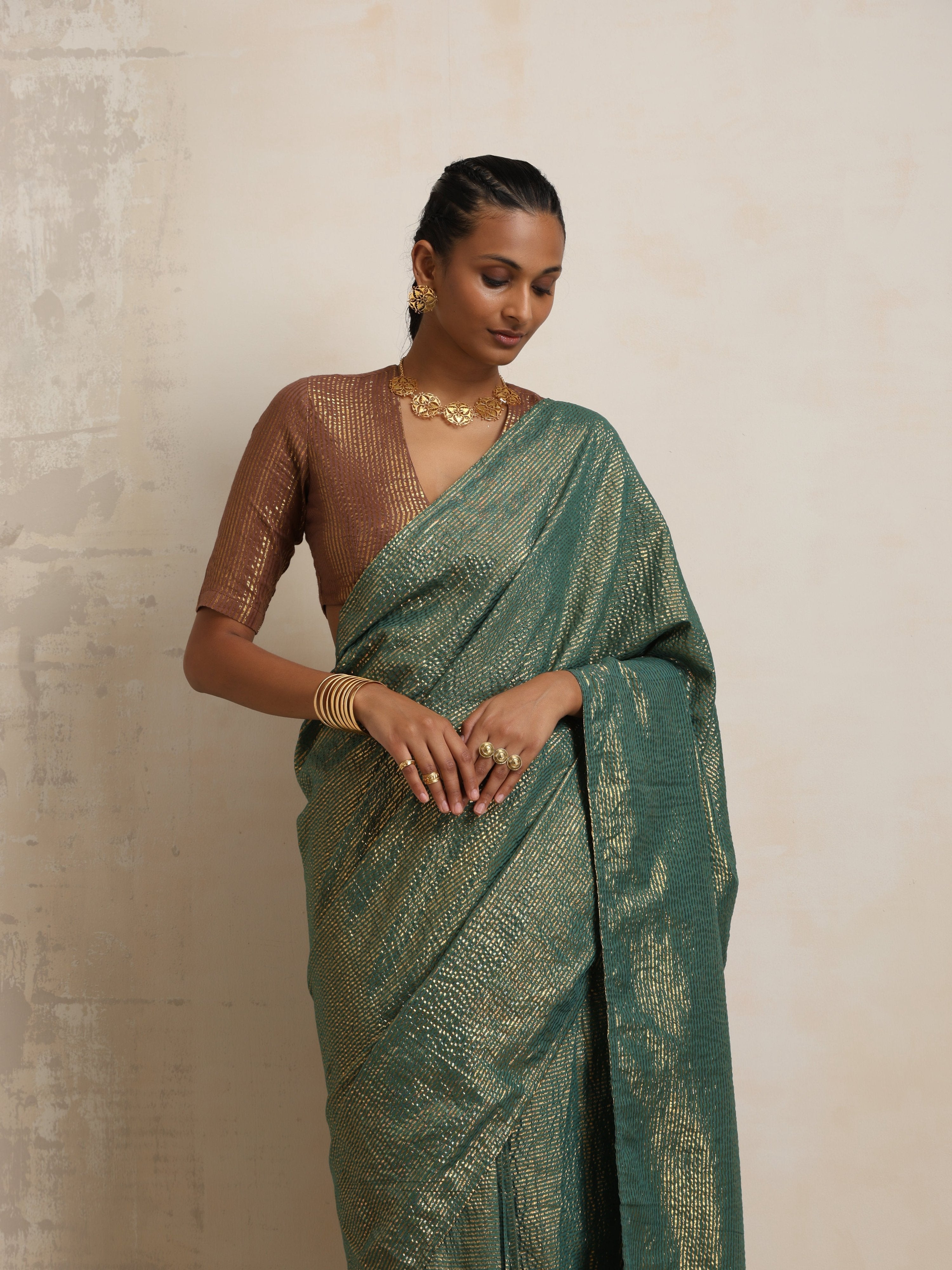 trueBrowns Dark Green Gold Metallic Ready To Wear Saree