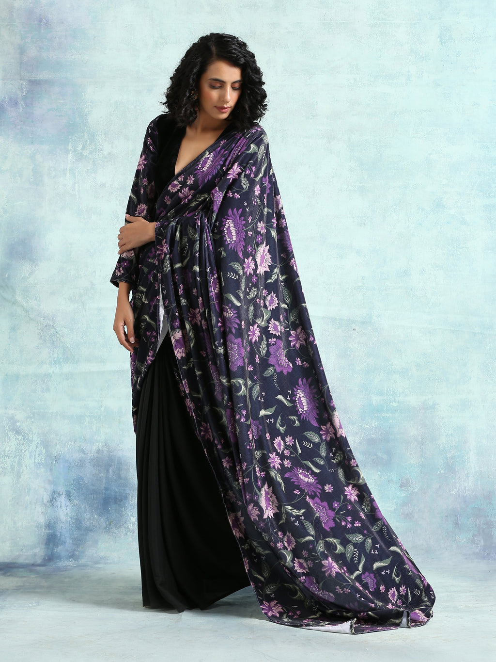 trueBrowns Black Printed Velvet Ready to Wear Saree