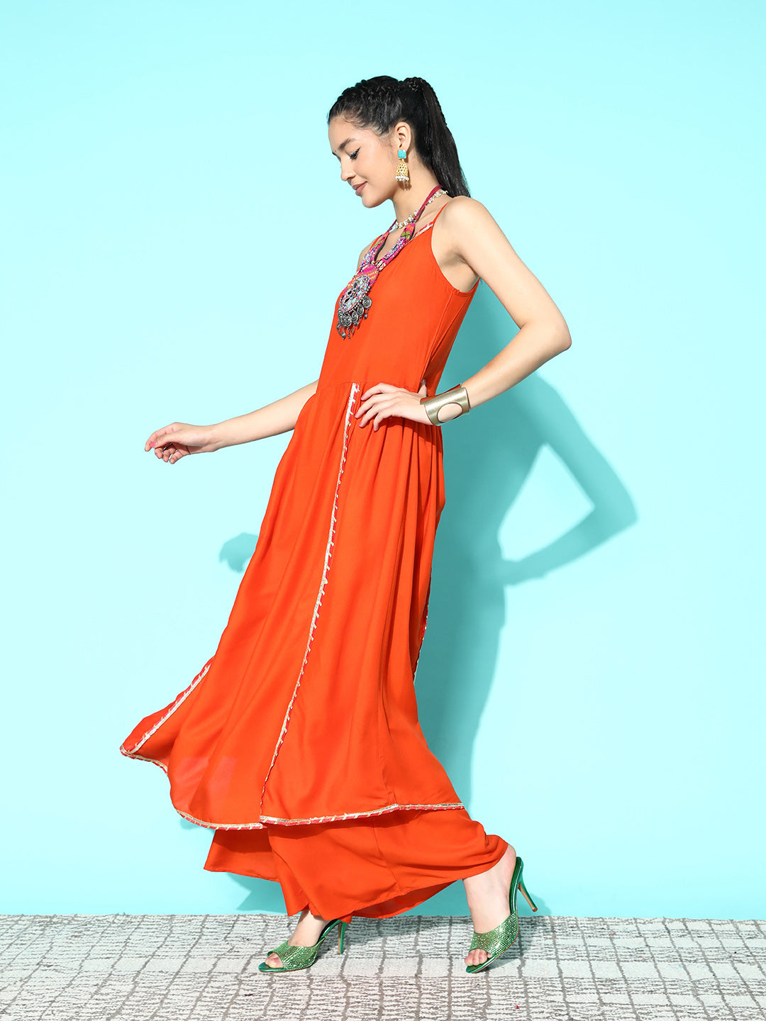 InWeave Women's Orange Red Gota Strappy Set With Multi Foil Muslin Dupatta