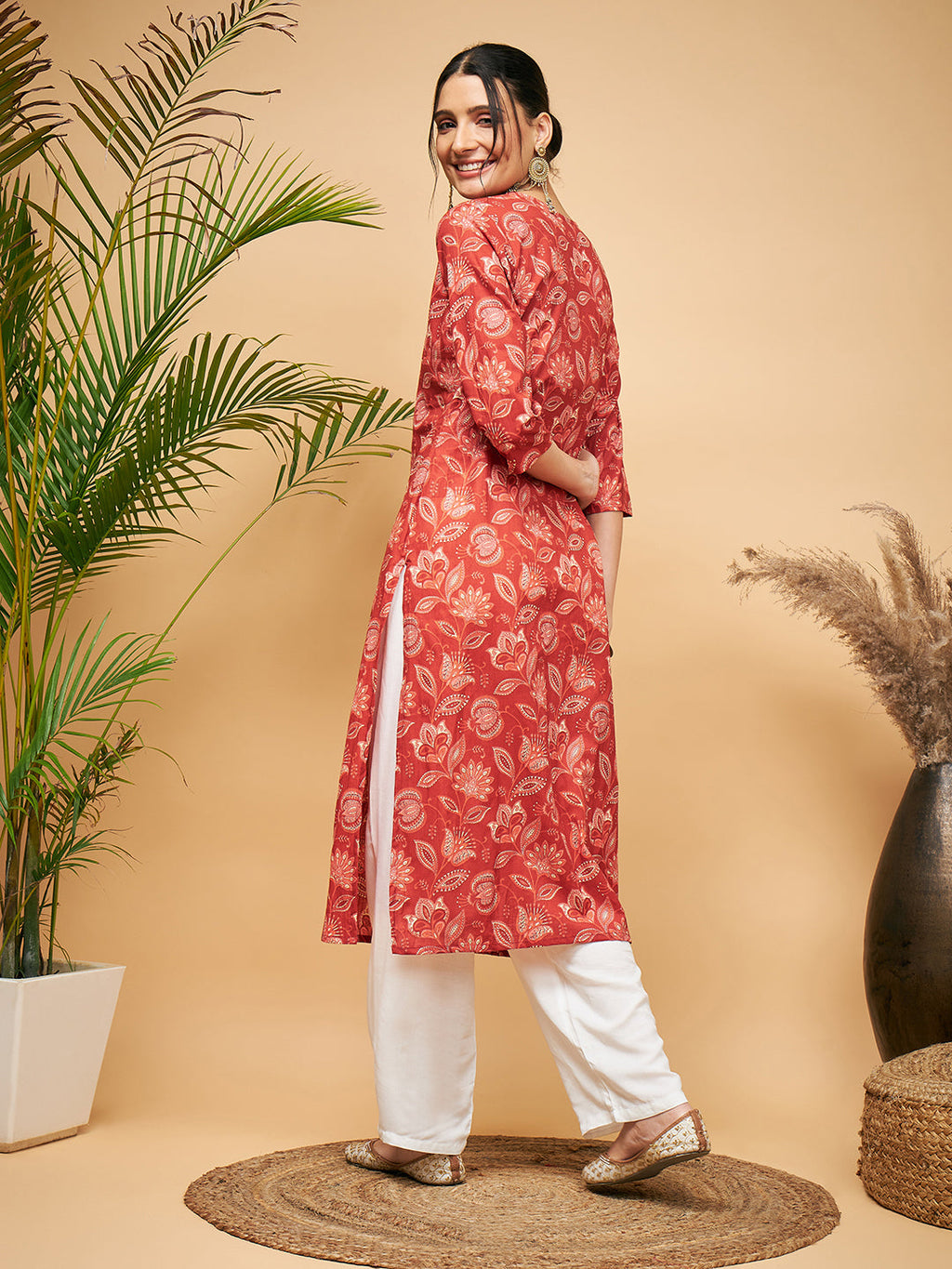 InWeave Women's Rust Paisley Print Gota Straight Kurta Pant Set