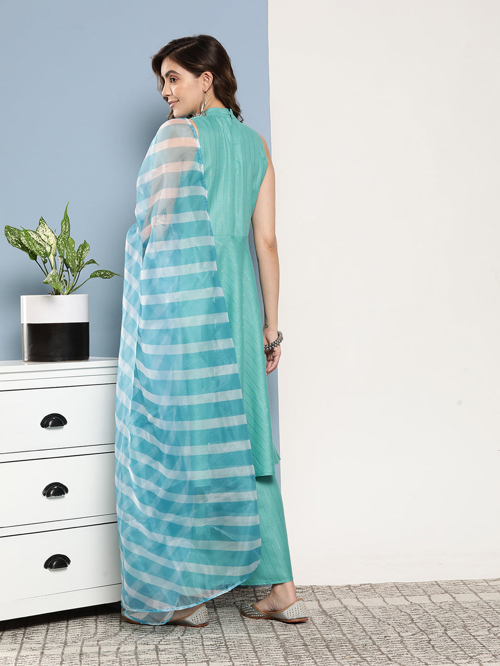 InWeave Women's Teal Lurex Boho Kurta Set With Sky Blue White Leh Dupatta
