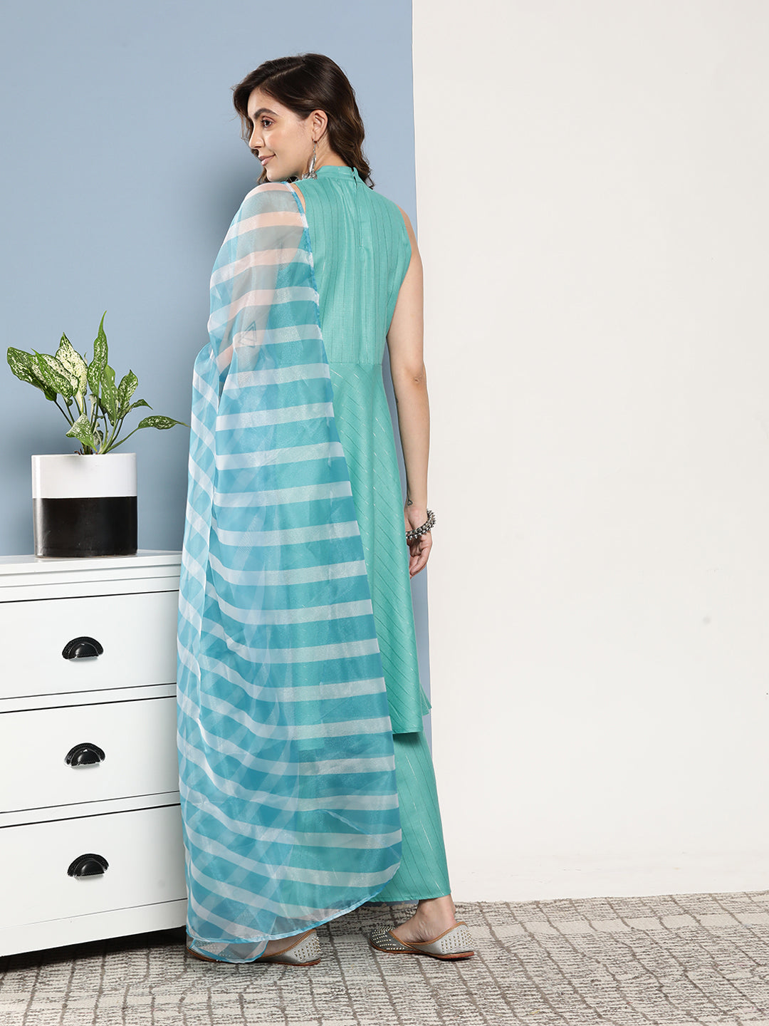 InWeave Women's Teal Lurex Boho Kurta Set With Sky Blue White Leh Dupatta