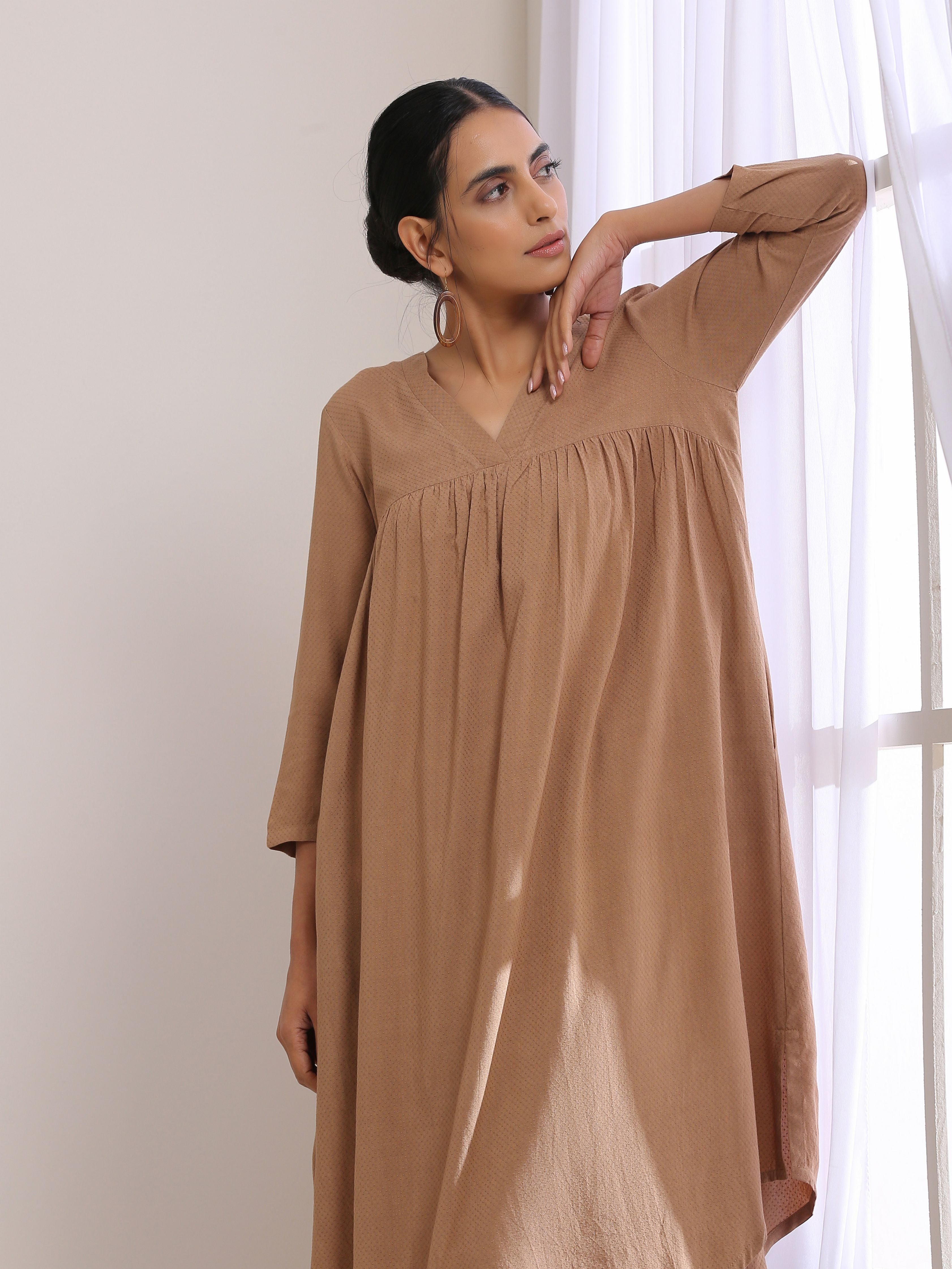 trueBrowns Beige Dobby Gathered Kurta Pant Set