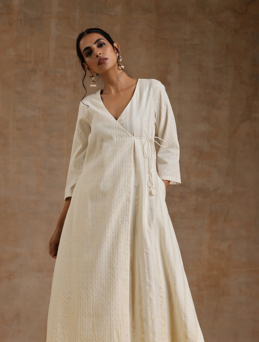 trueBrowns Ivory Gold Cotton Angrakha Kurta Set