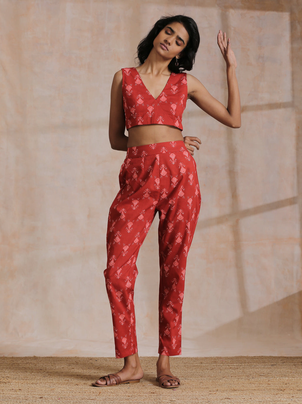 trueBrowns Red On Red Ikat Print Cotton Pant Suit Set