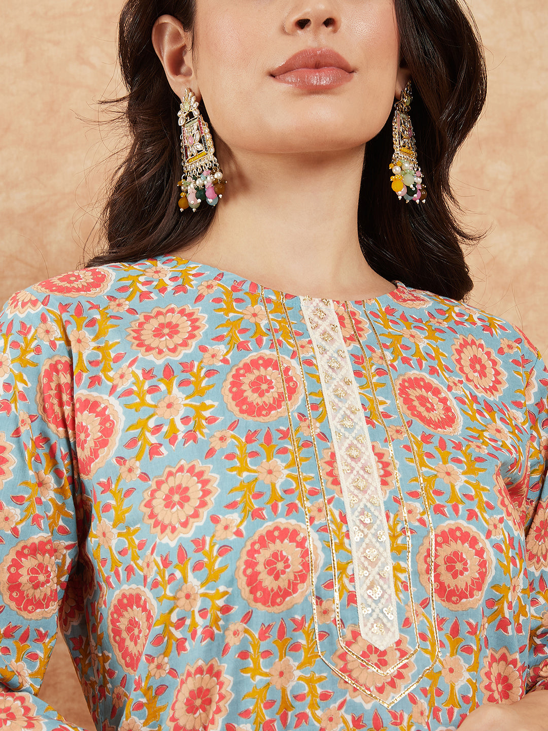 InWeave Women's Light Blue Floral Jaal Gota Work Straight Kurta Pant Set
