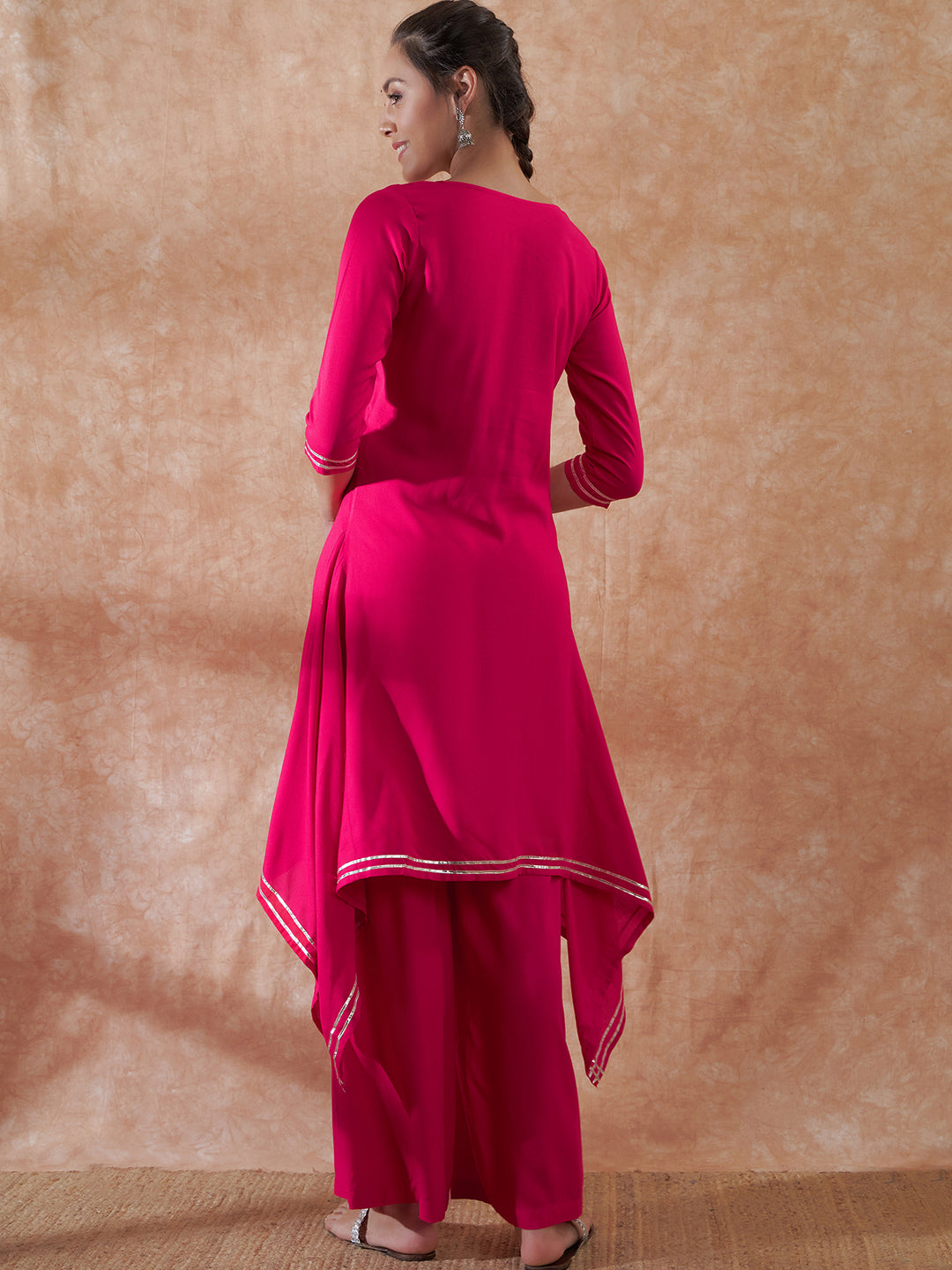 InWeave Women's Magenta Emb Assymetrical Kurta Pant Set