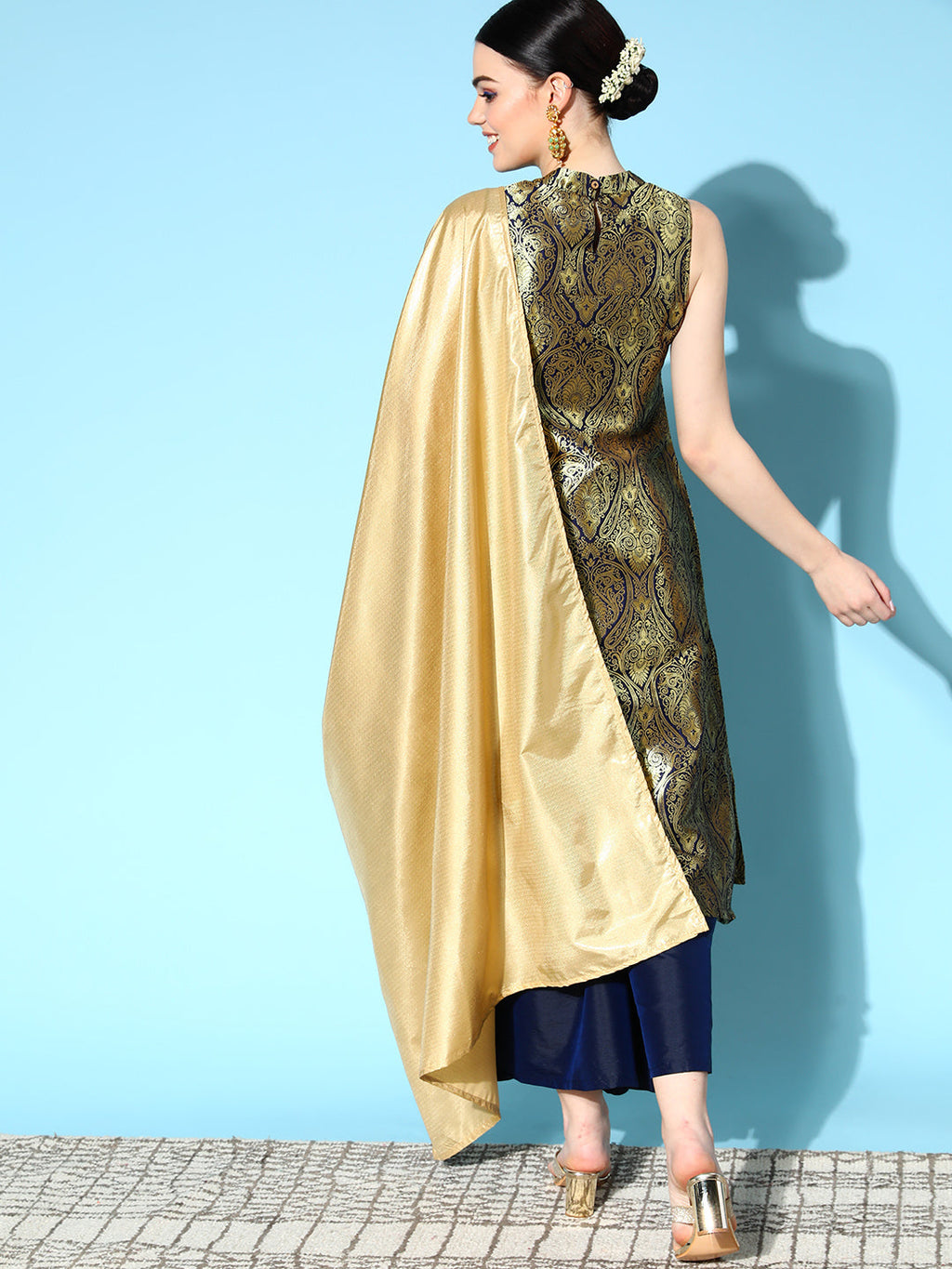 InWeave Women's Blue Banarasi Halter Kurta Set With Golden Dupatta