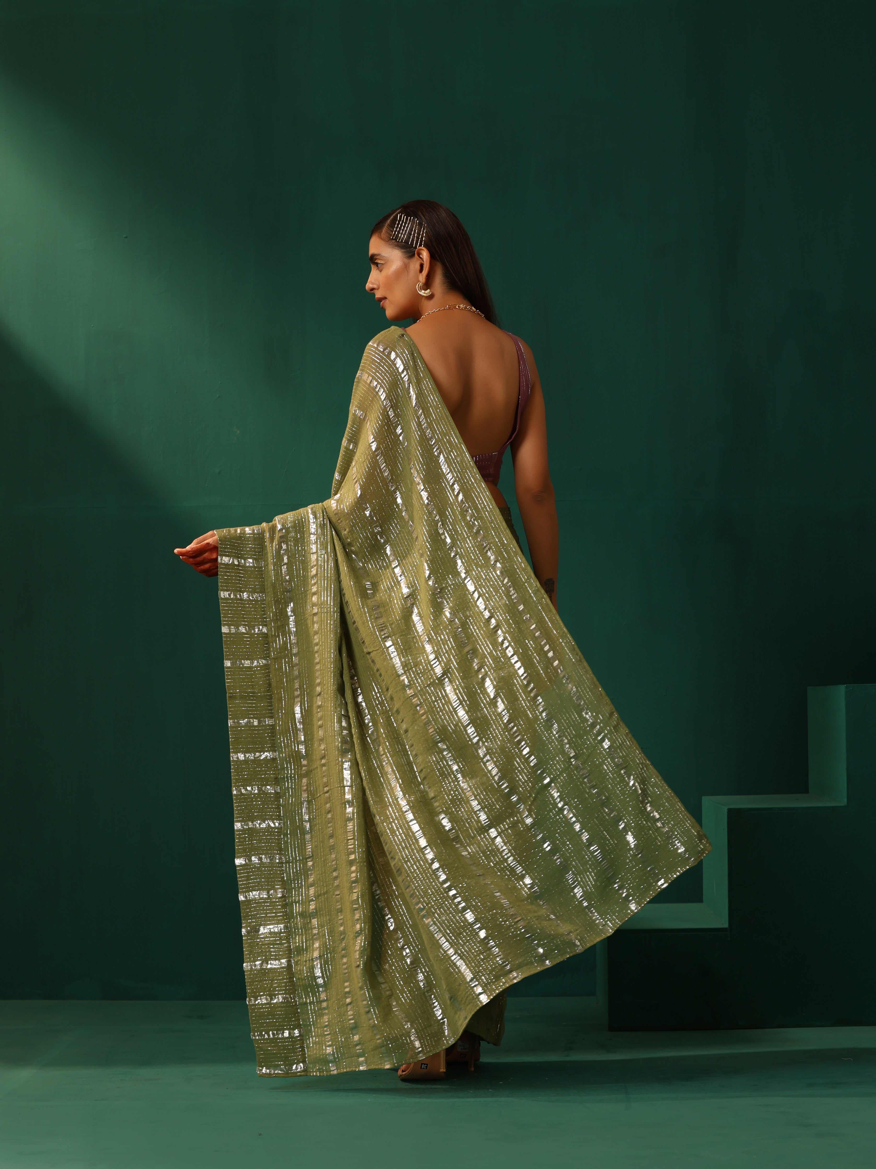trueBrowns Sage Green Cotton Silver Lurex Striped Ready to Wear Saree