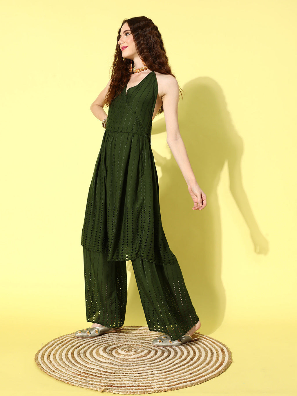 InWeave Women's Green Lace Work Backless Kurta Sharara Set With Lehariya Dupatta